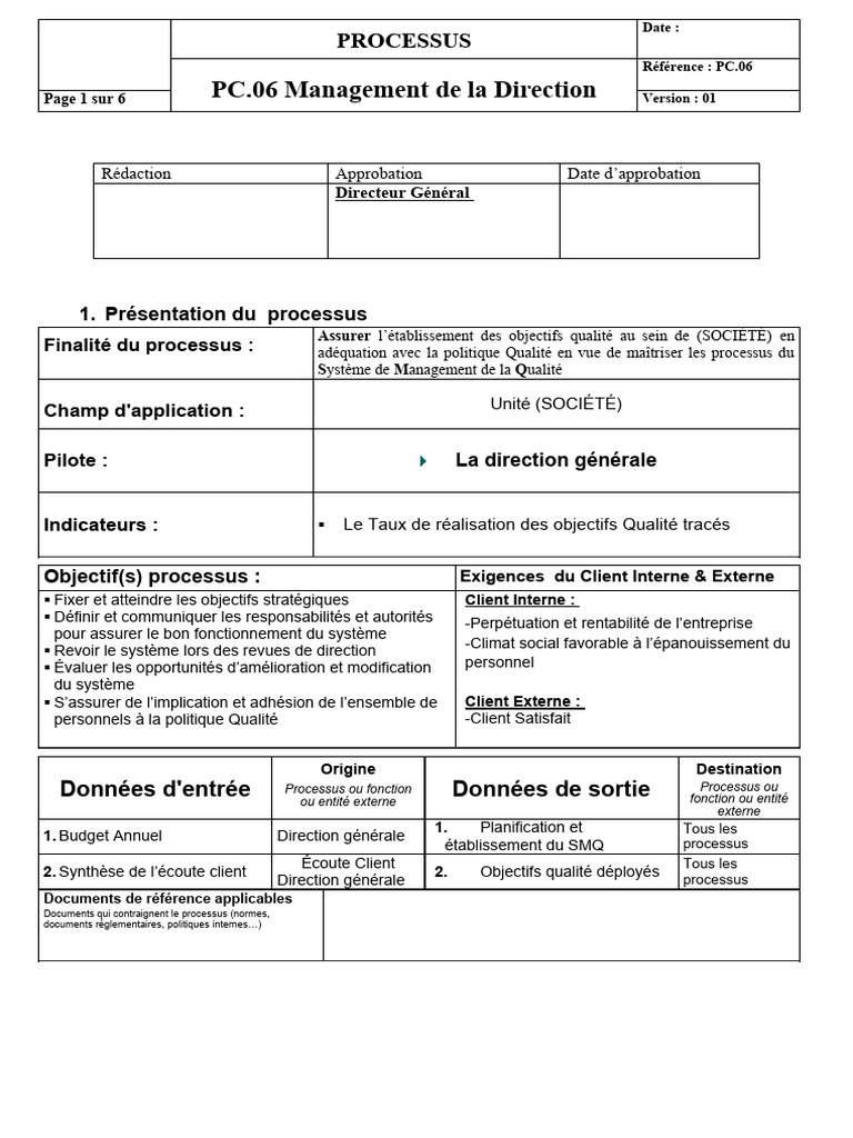 Fiche Processus Management Qualité | PDF | Système de management de la ...