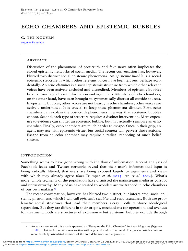Nguyen Echo Chambers And Epistemic Bubbles Pdf Epistemology