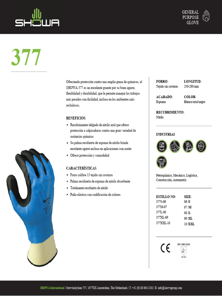 Showa 377 - Gants De Travail Nitrile Mousse Taille L - 10 Paires - Poignet Renforcé, Revêtement Intégral