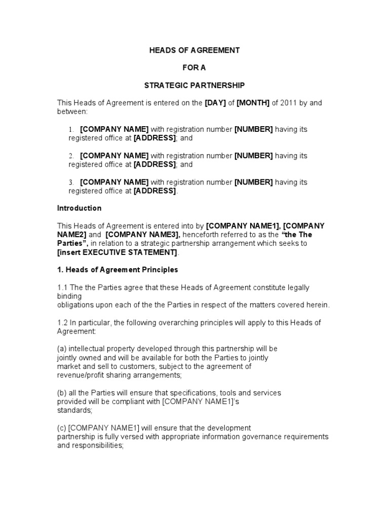 Document Heads Of Agreement Template