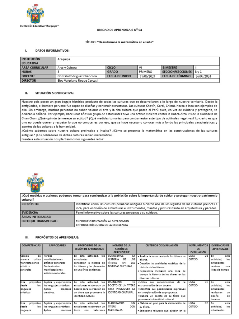 UNIDAD DE APRENDIZAJE 4 Arte y Cultura | PDF | Evaluación | Perú