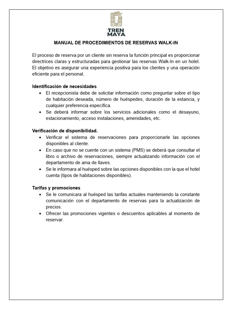 Procedimiento para Reservas Walk-In | PDF