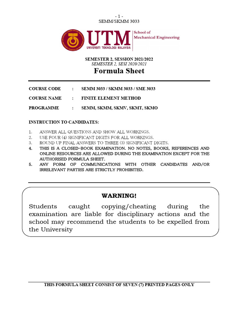 Finite Element Method Formula Sheet | PDF