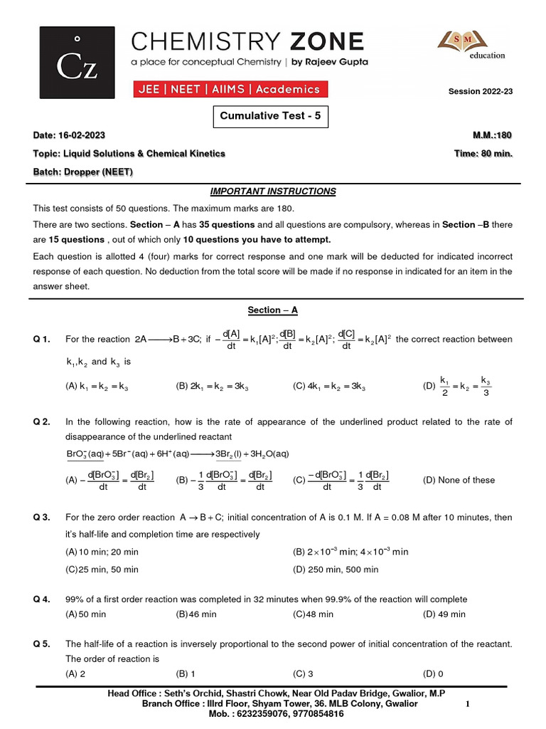 Cumulative Test - 5 - (DROPPER - NEET) - Liquid Solutions & Chemical ...