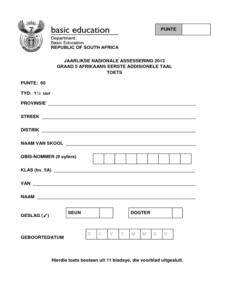 Grade 5 Afrikaans Fal 2013 Test Pdf