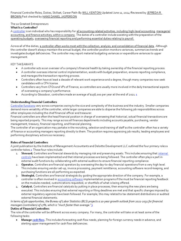 Financial Controller Roles & Duties | PDF | Internal Control | Business ...