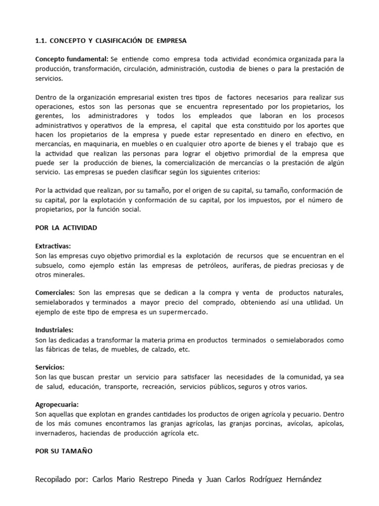 Concepto de empresa y clasificaci n pdf business sociedad de