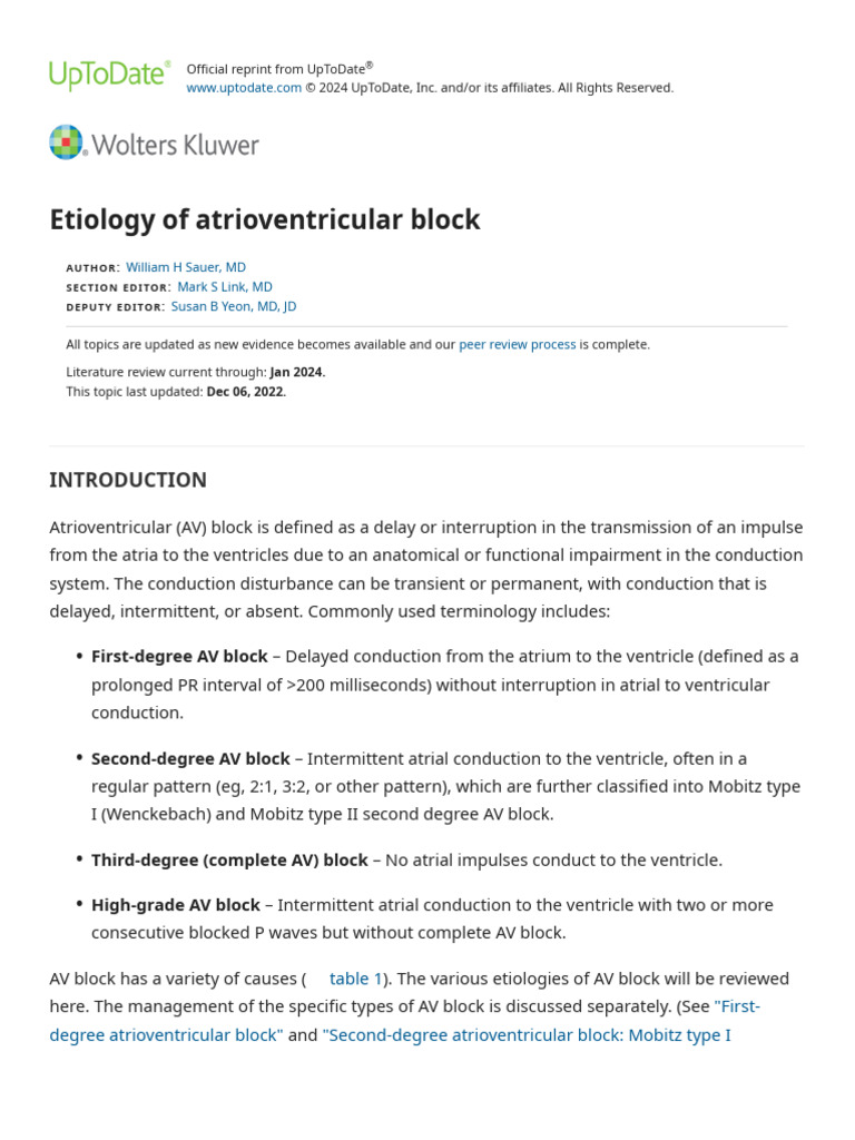 Etiology of Atrioventricular Block UpToDate PDF Heart