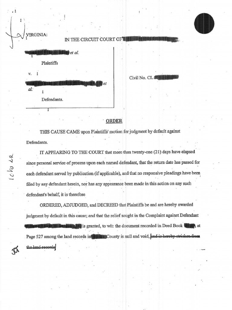 Virginia Circuit Court Order Nullifying A FirstMortgage Deed of Trust