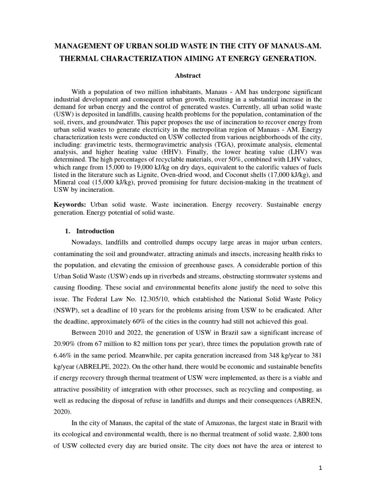 Energy Recovery from Manaus Urban Waste | PDF | Gasification | Incineration