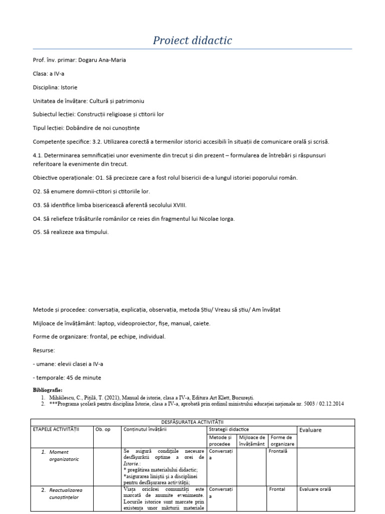 Proiect Didactic Istorie | PDF