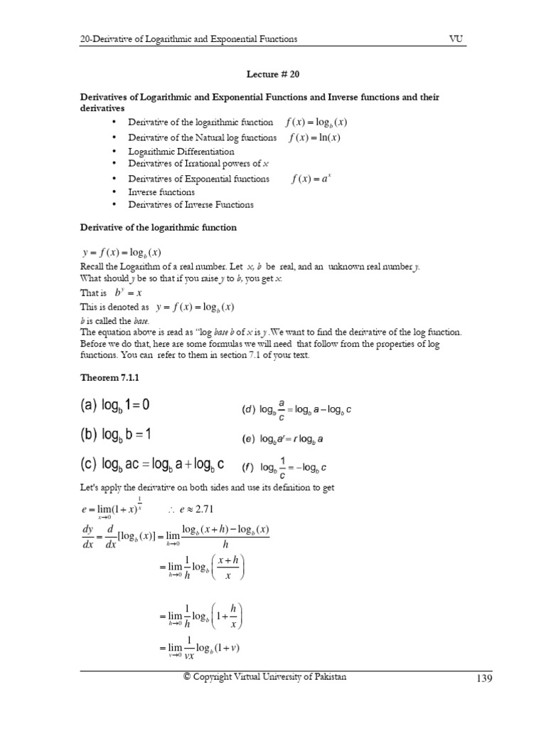 Virtual university lecture 20 pdf logarithm function mathematics 