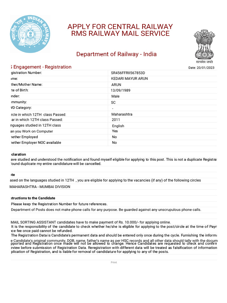 Railway Registration Print | PDF | Payments