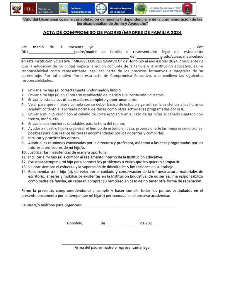 Compromiso para Padres de Familia Modelo 1 | PDF | Escuelas | Aprendizaje