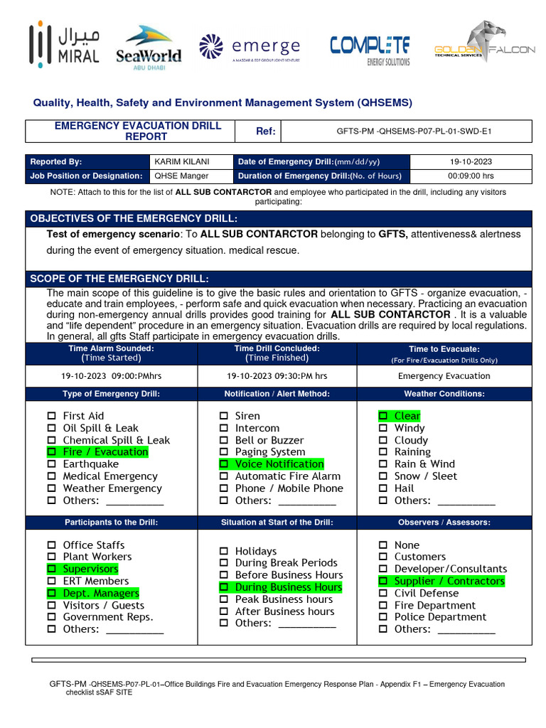 Emergency Drill Report 19 Oct 2023 Pdf Emergency Evacuation Emergency