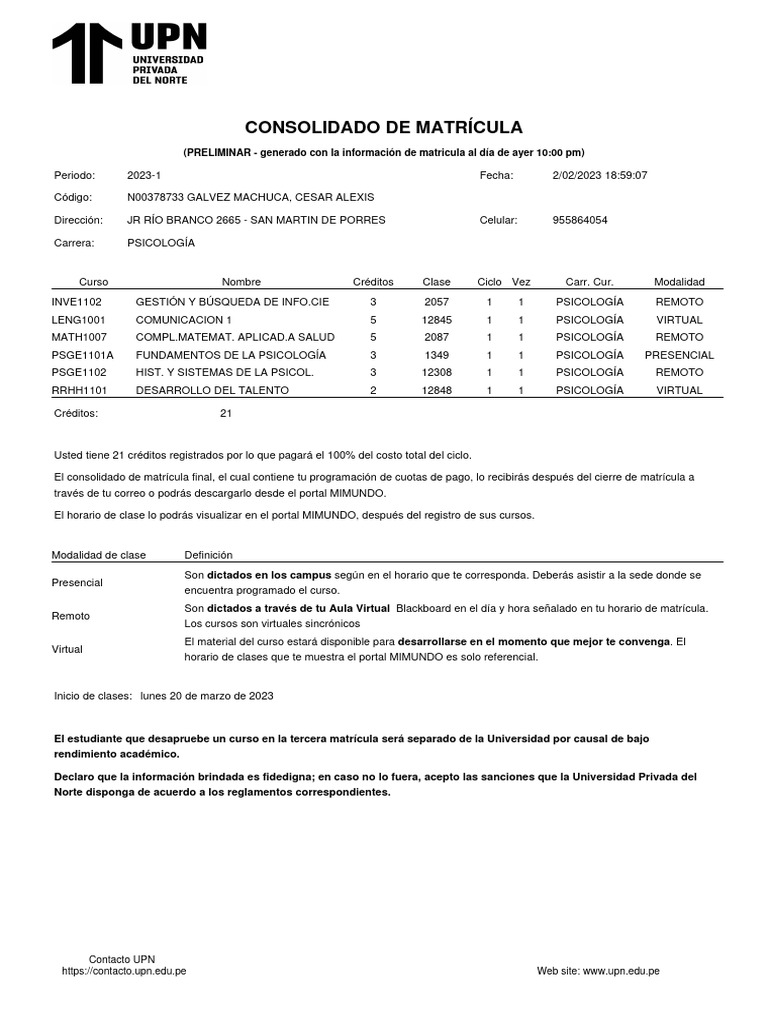 Consolidado de Matrícula 2023-1 UPN | PDF | Disciplinas | Regulación