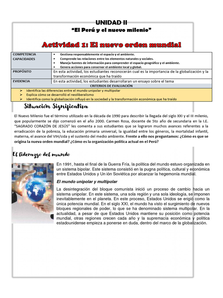 Ficha de Actividad CCSS 5° - Semana 1 Uni 2 | PDF | Neoliberalismo ...
