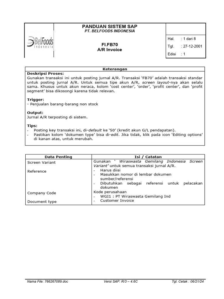 Panduan Transaksi A/R FB70 SAP | PDF