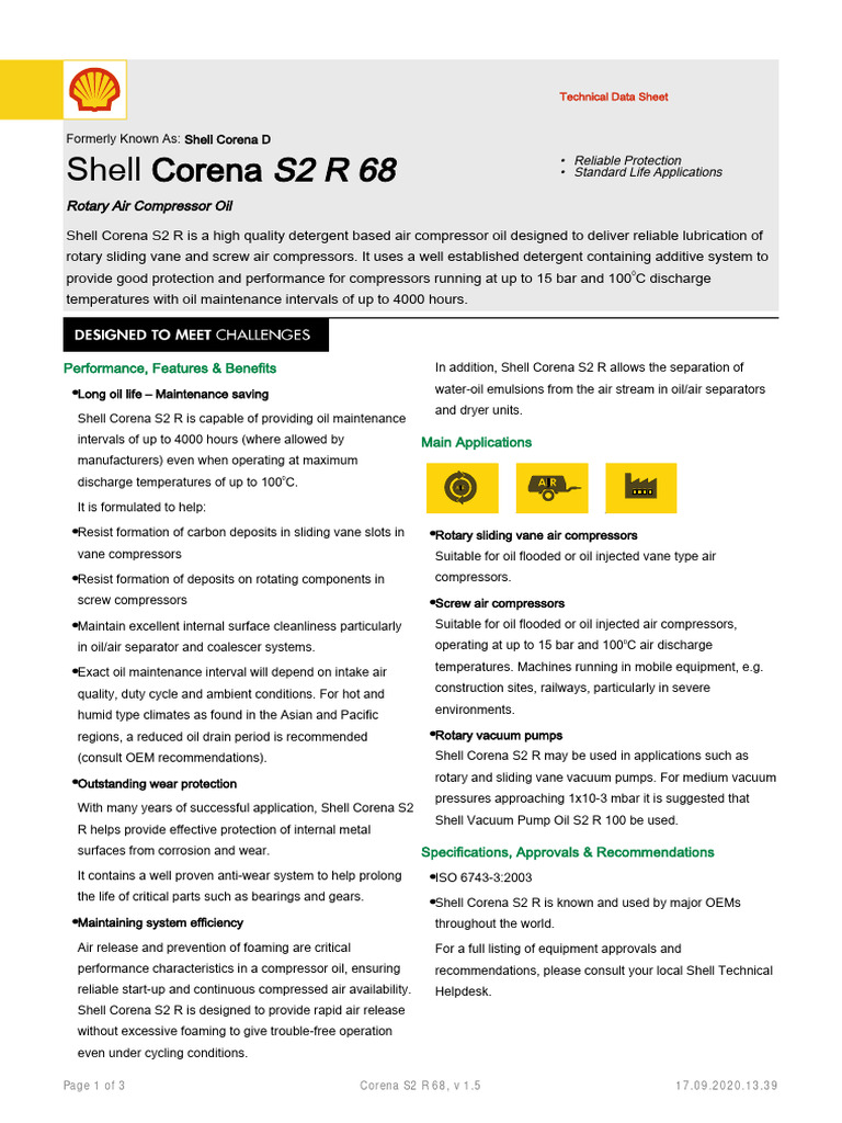 Shell Corena S2 R 68 | PDF | Pump | Applied And Interdisciplinary Physics
