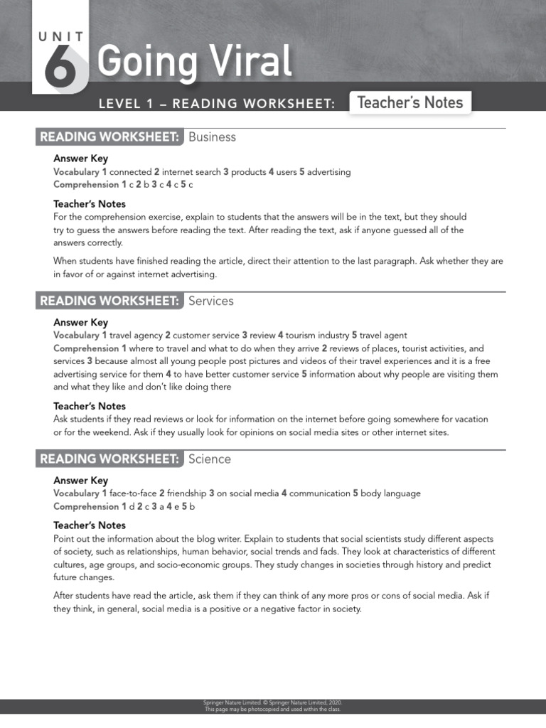 Sym 1 U06 Readingworksheets Answerkey Pdf Social Science Wellness
