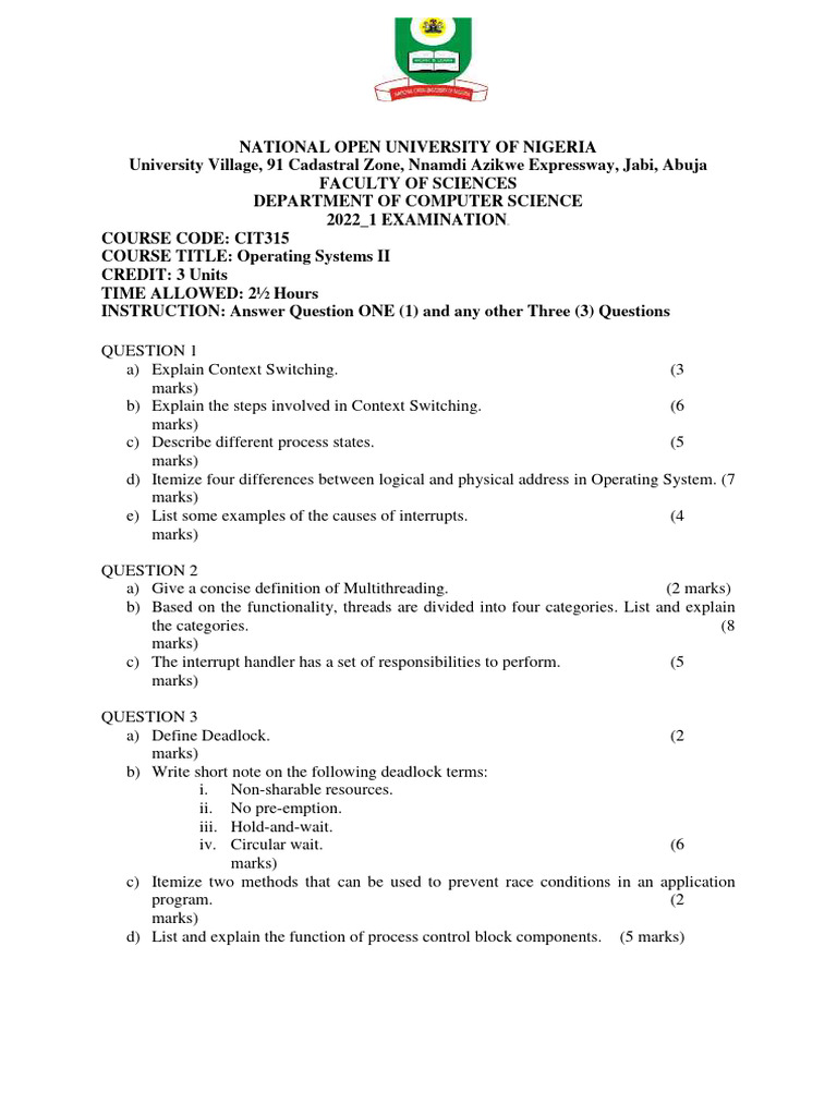 Cit315 2022 1 | PDF | Process (Computing) | Thread (Computing)