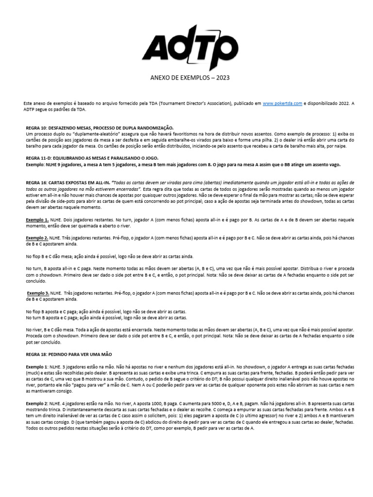 Regulamento ADTP 2023 V1.0 ANEXO I tEXEMPLOS | PDF | Pôquer | Jogos de ...