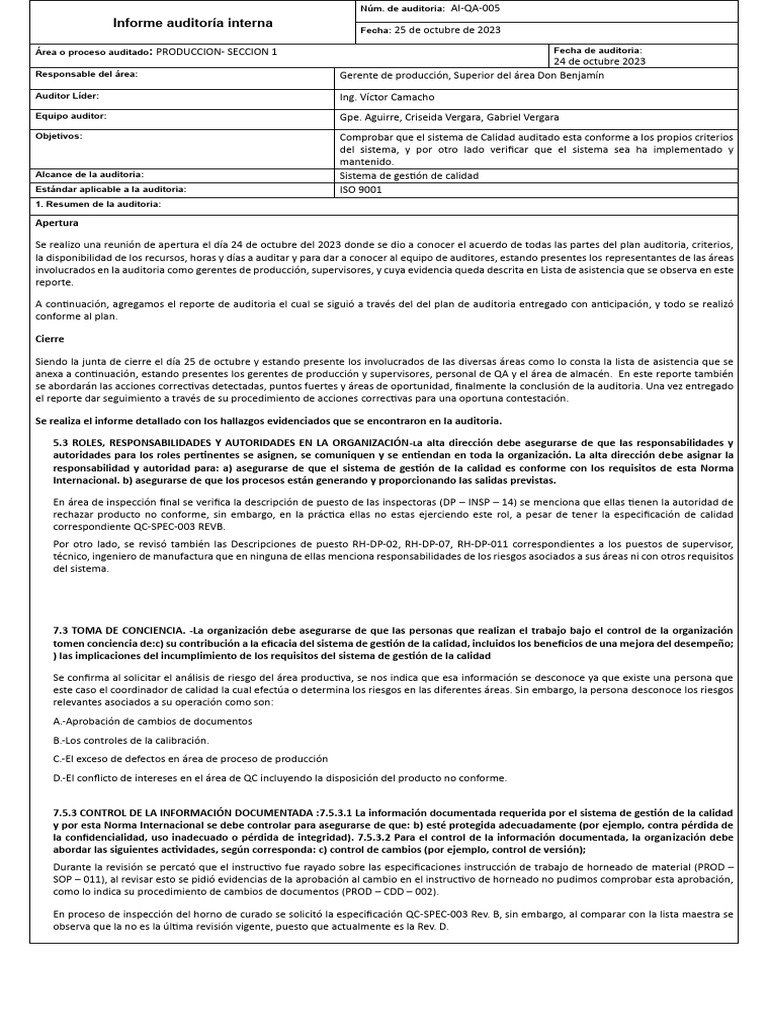 Informe Detallado de La Auditoria Interna | PDF | Auditoría | Calidad ...