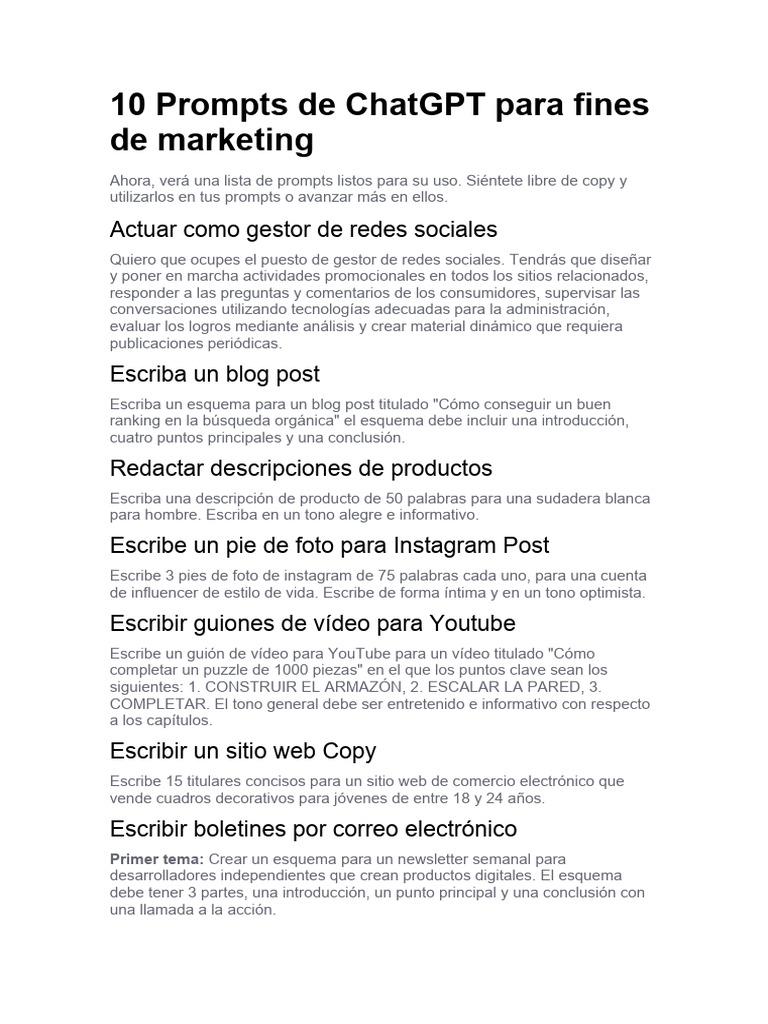 Prompts de ChatGPT para Marketing | PDF | Blog | Youtube