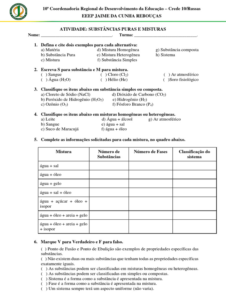 Atividade sobre Substâncias e Misturas | PDF | Mistura | Ponto de fusão