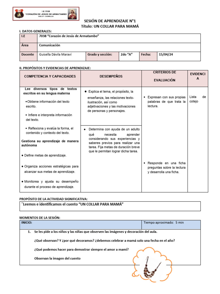 Sesión de Plan Lector Un Collar para Mamá | PDF | Aprendizaje | Evaluación