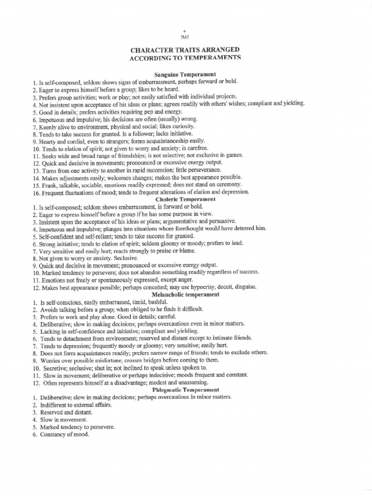 4 Temperaments Char Traitsby Temperament Pdf