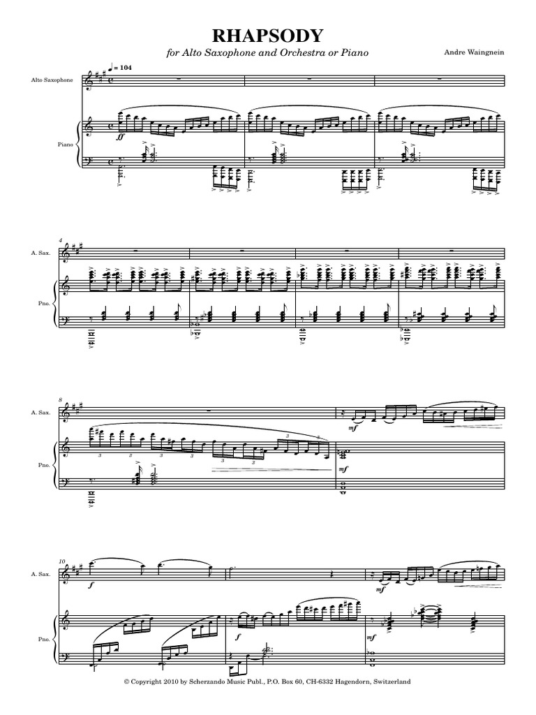 Rhapsody for Alto Saxophone | PDF | Saxophone | Hornbostel Sachs