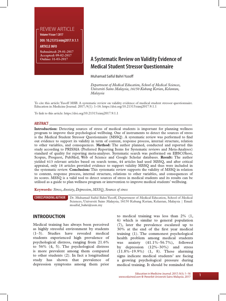 Validity of Medical Student Stressor Questionnaire | PDF | Systematic ...