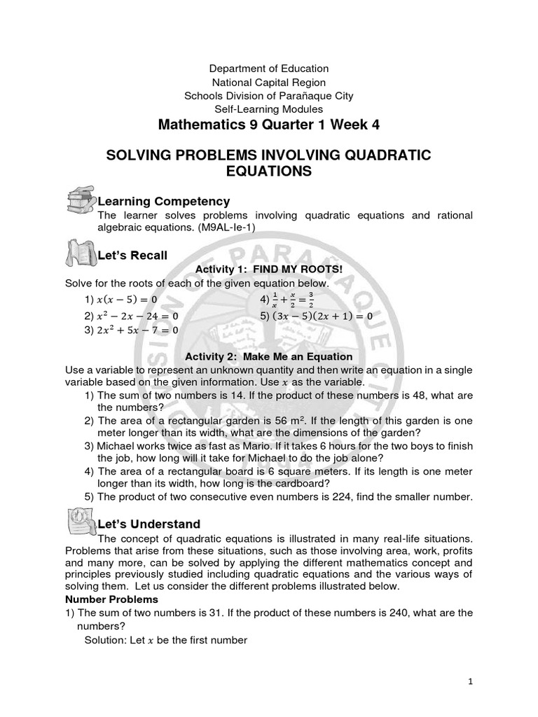 Quadratic Equations Problem Solving Guide | PDF | Equations | Numbers