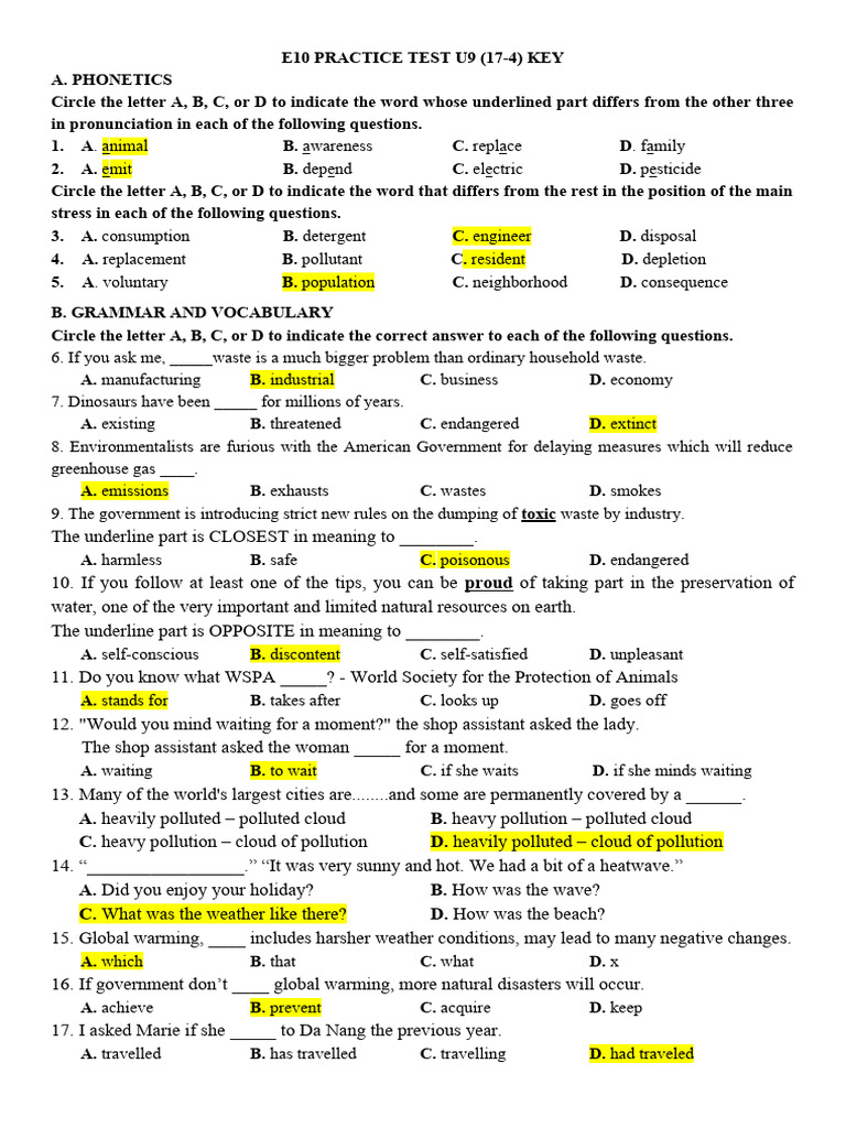 E10 Practice Test: Phonetics & Grammar | PDF | Water Pollution | Pollution