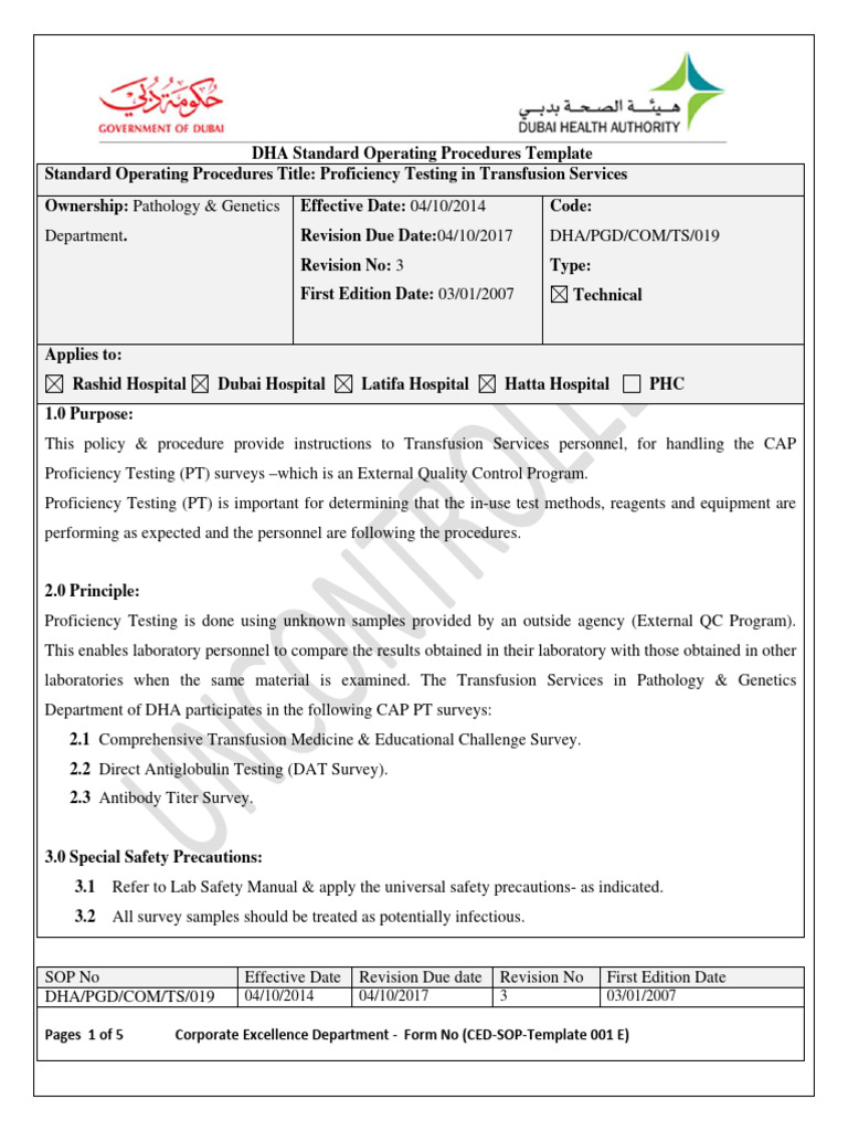 Proficiency Testing SOP for Transfusion Services | PDF | Blood ...