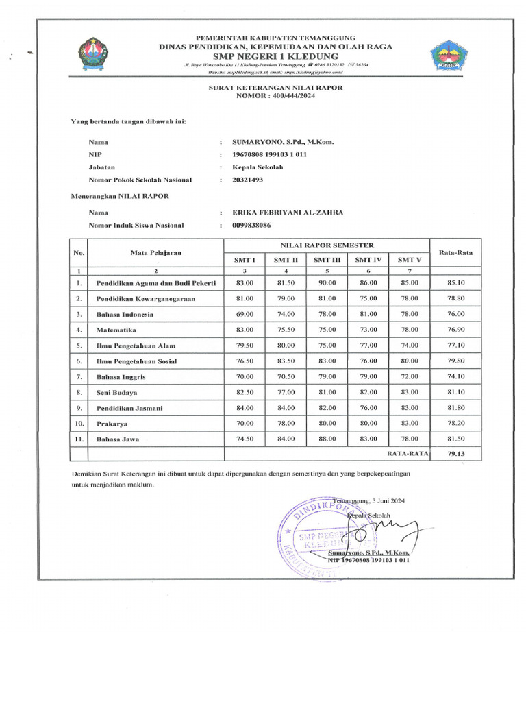 Surat Keterangan Nilai Rapot | PDF