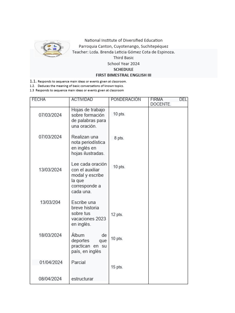 Cronograma de Inglès Primer Bimestre-1 | PDF | Idiomas del Reino Unido
