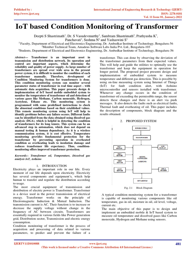 Iot Based Condition Monitoring of Transformer IJERTV11IS010088 | PDF ...