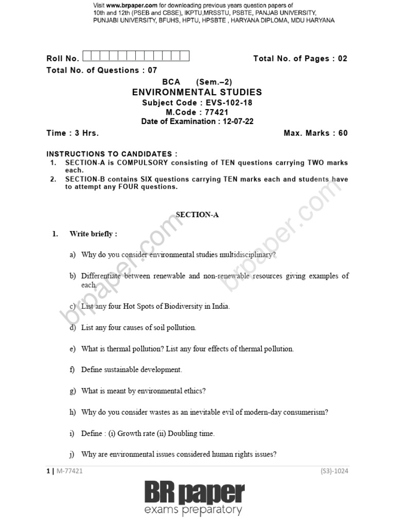 BCA Environmental Studies Exam Guide | PDF | Natural Environment ...