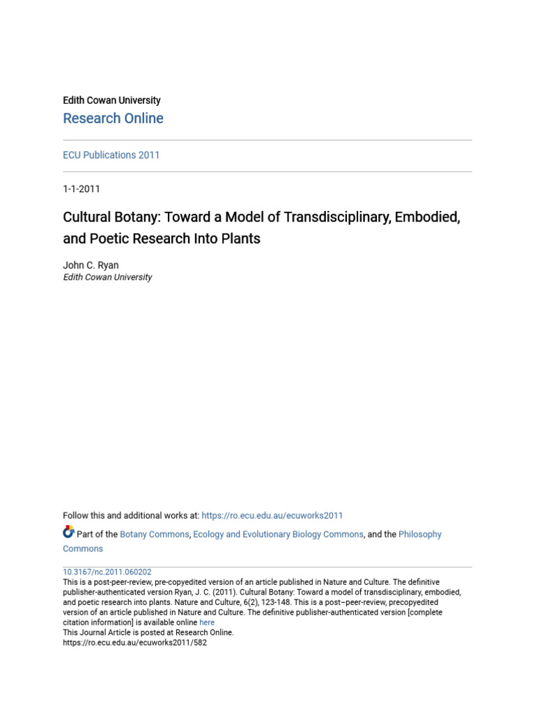 Cultural Botany - Toward A Model of Transdisciplinary Embodied A ...
