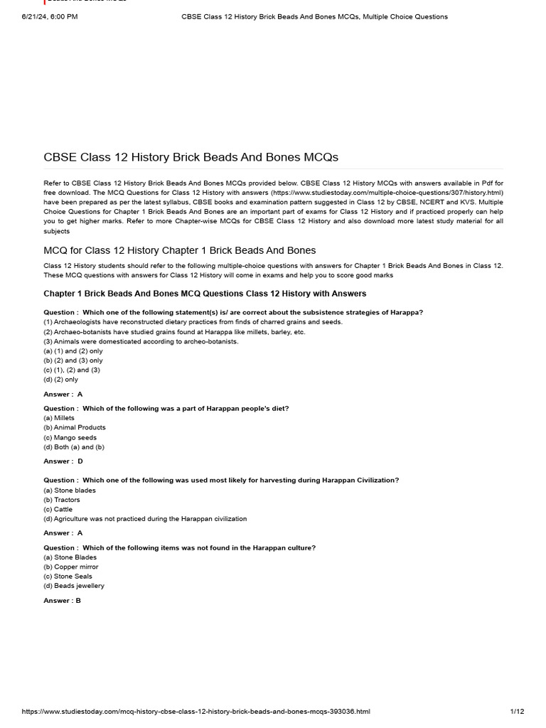Class 12 History: Bricks, Beads & Bones MCQs | PDF | Multiple Choice