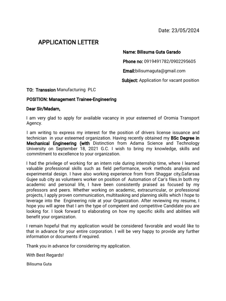 Application for Engineering Trainee Position | PDF