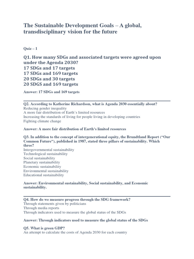 Sustainable Development Goals Quiz | PDF | Sustainability | Climate Change