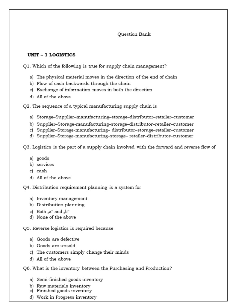 Logistics Quiz Question Bank | PDF | Logistics | Supply Chain