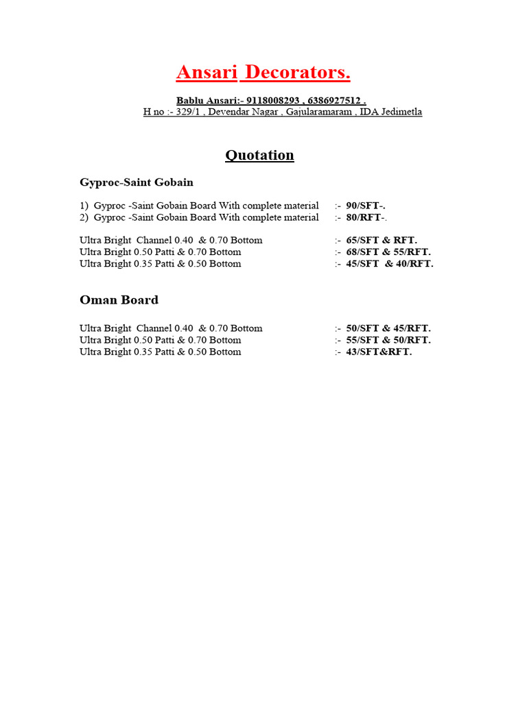 Gypsum False Ceiling Quotation Details | PDF