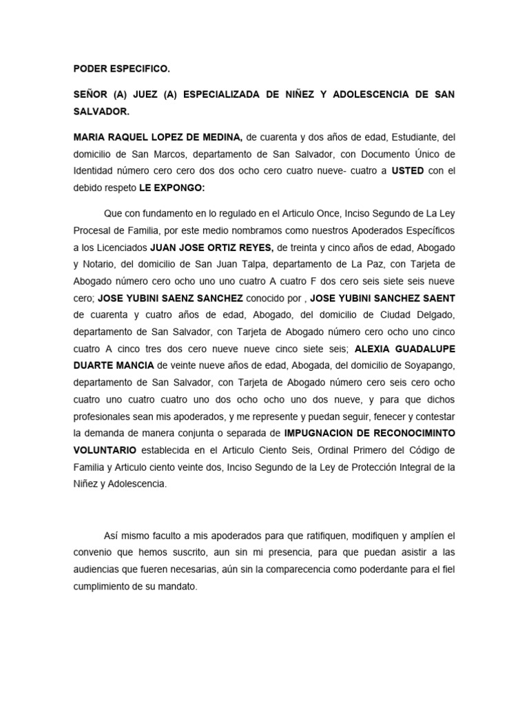 Poder Especifico de Impugnacion de Reconocimiento Voluntario | PDF ...