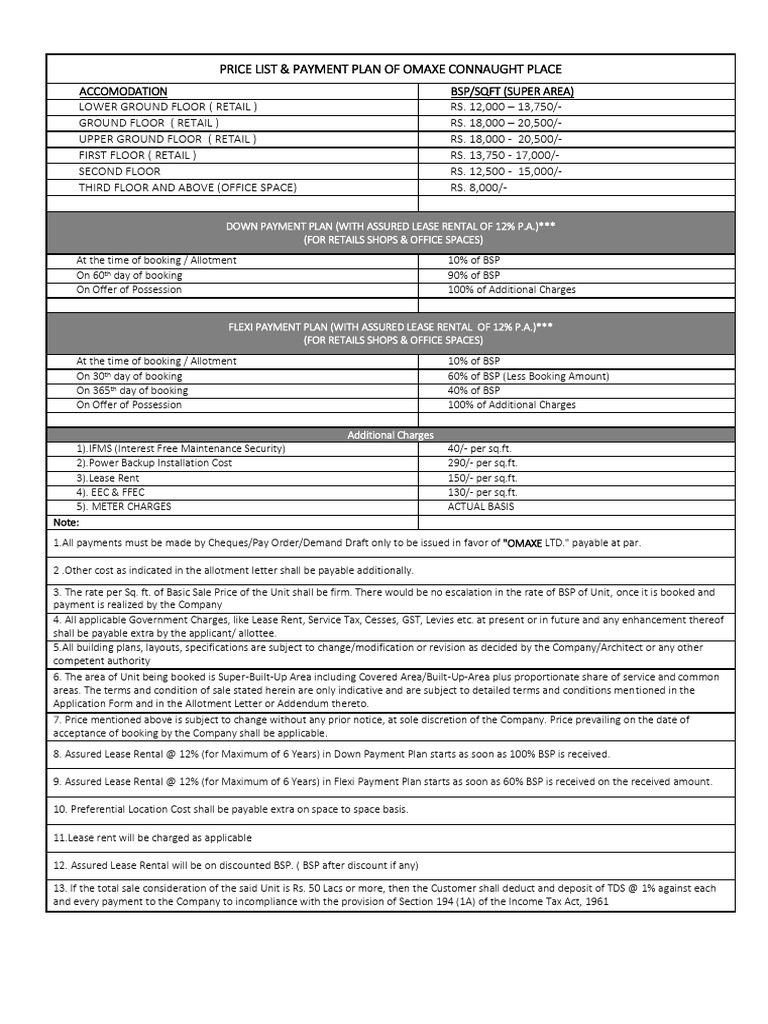 Omaxe Connaught Place Pricing & Payment Plan | PDF | Lease | Renting