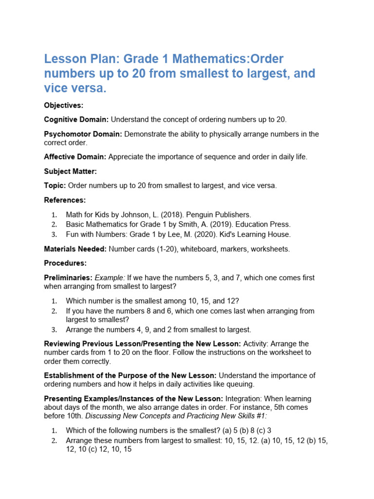 Grade1MathLessonPlan 20230914 200202 | PDF | Learning | Lesson Plan
