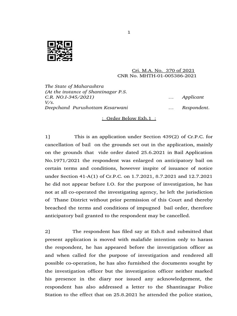 Bail Cancellation Application Ruling | PDF | Bail | Political Law
